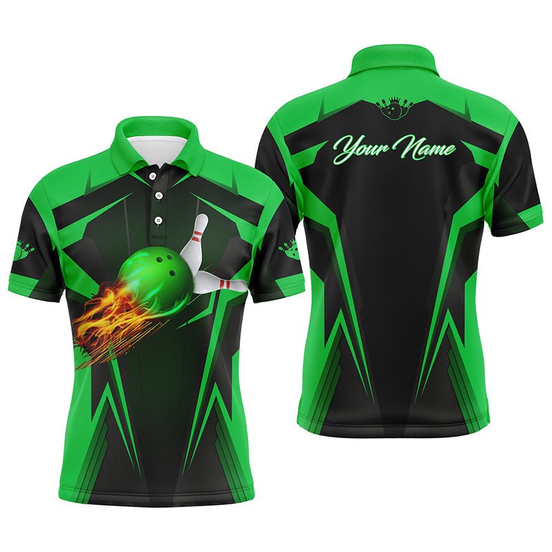 Personalisiertes Herren Bowling Polo Shirt mit Flammen Bowlingkugel und Pins, Bowling Polo für Männer Bowler | Grün - Outfitsuche