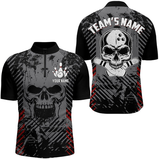 Personalisiertes Herren Bowling-Shirt mit Totenkopf-Motiv, individuell anpassbares Bowling-Team-Namen-Trikot, 1/4 Zip Shirt für die Liga NBZ126 - Outfitsuche