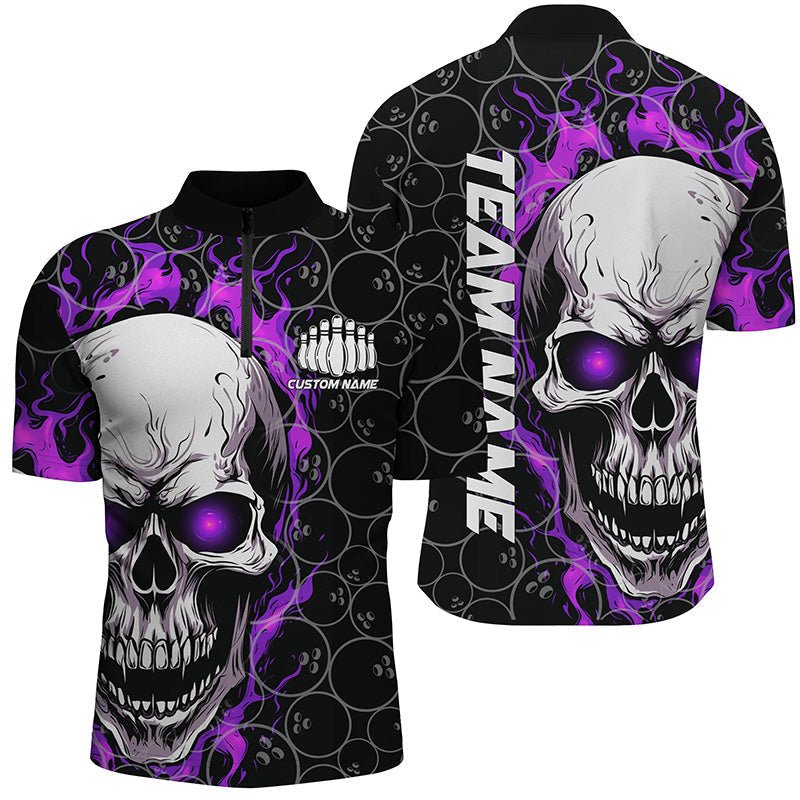 Personalisiertes Herren Bowling-Shirt mit Totenkopf-Motiv, individuell anpassbares Teamname-Flammen-Bowler-Trikot | Lila - Outfitsuche