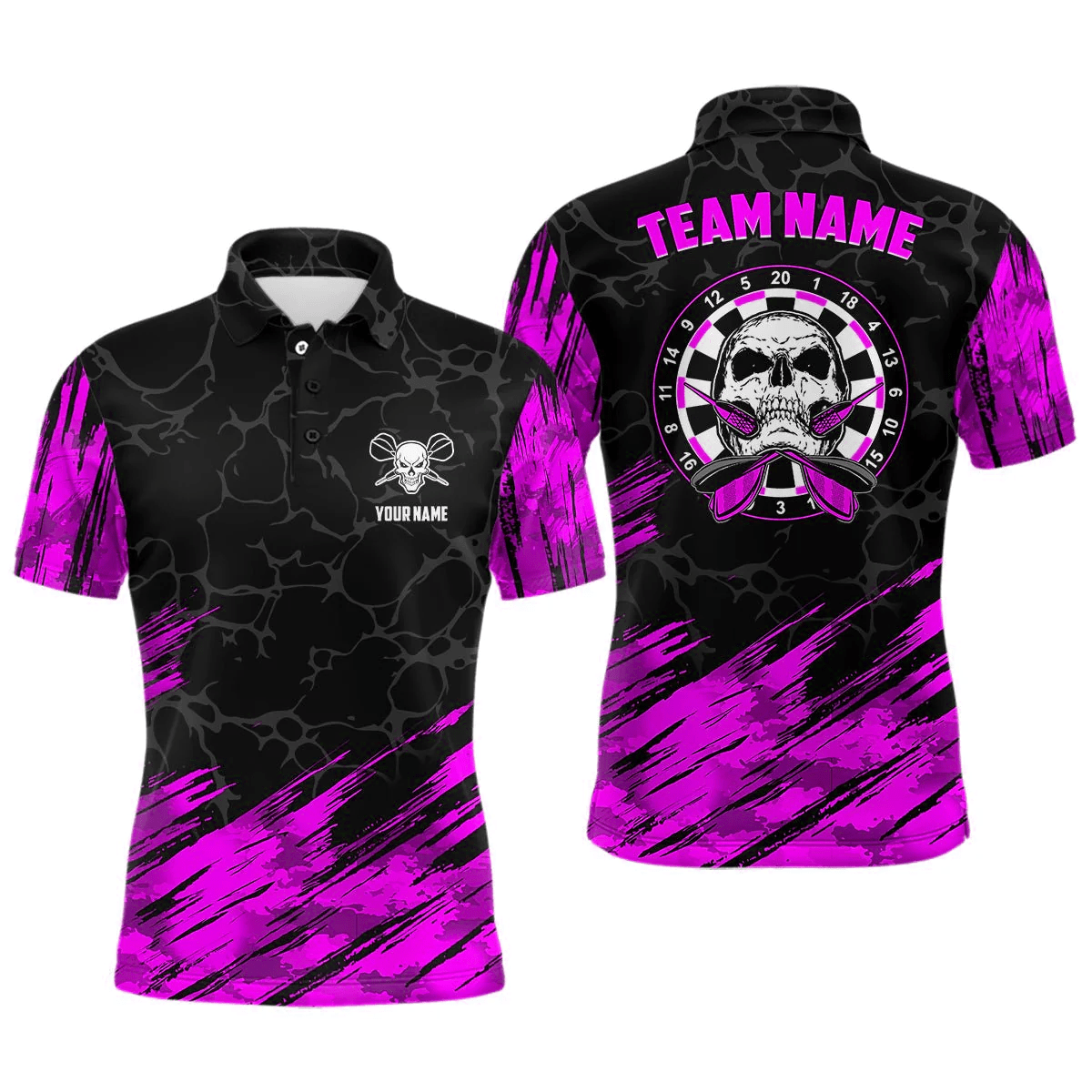 Personalisiertes Herren Dart Polo-Shirt mit Totenkopf-Motiv und Dartmotiven in Türkis und Schwarz, Dart-Trikot für Männer F918 - Outfitsuche