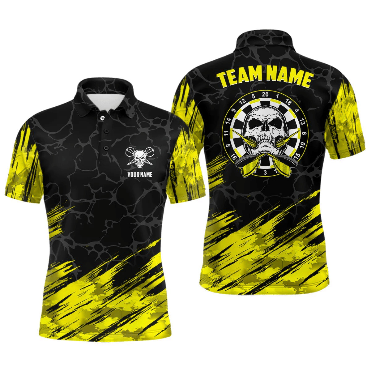 Personalisiertes Herren Dart Polo-Shirt mit Totenkopf-Motiv und Dartmotiven in Türkis und Schwarz, Dart-Trikot für Männer F918 - Outfitsuche