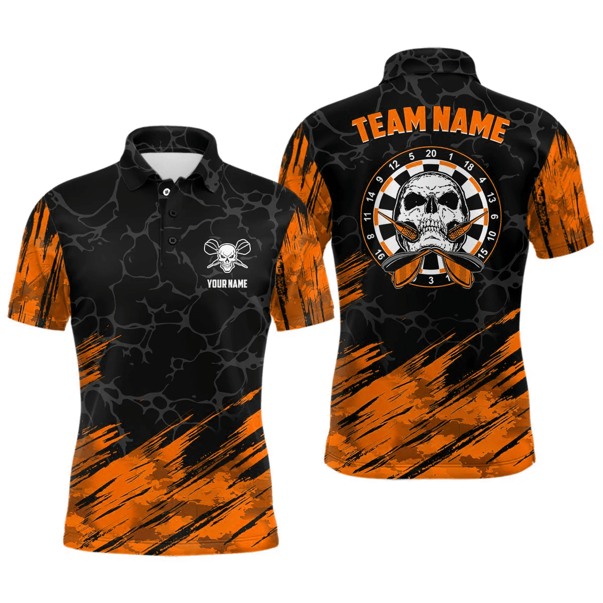 Personalisiertes Herren Dart Polo-Shirt mit Totenkopf-Motiv und Dartmotiven in Türkis und Schwarz, Dart-Trikot für Männer F918 - Outfitsuche