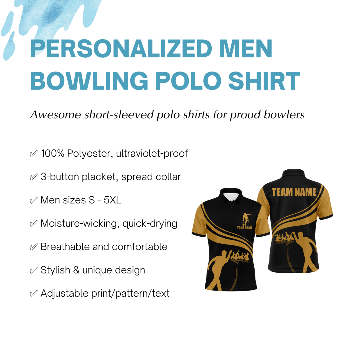 Personalisiertes Herren Polo Bowling Shirt in Schwarz und Gold, individuell anpassbares Team Kurzarm Trikot für Männer Bowler - Outfitsuche