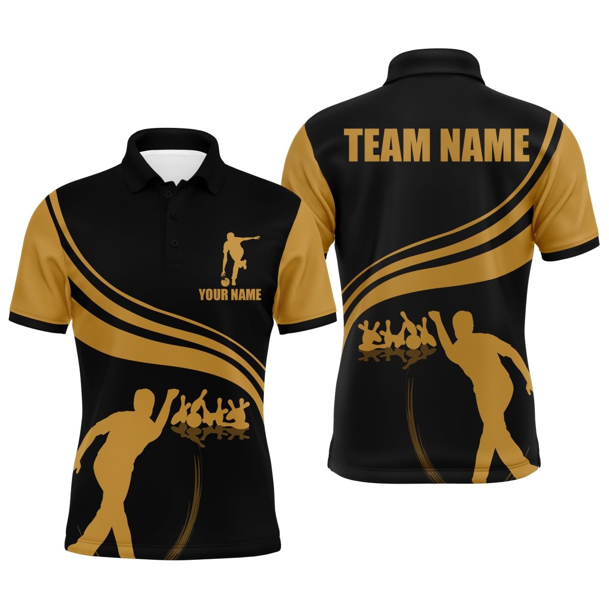 Personalisiertes Herren Polo Bowling Shirt in Schwarz und Gold, individuell anpassbares Team Kurzarm Trikot für Männer Bowler - Outfitsuche