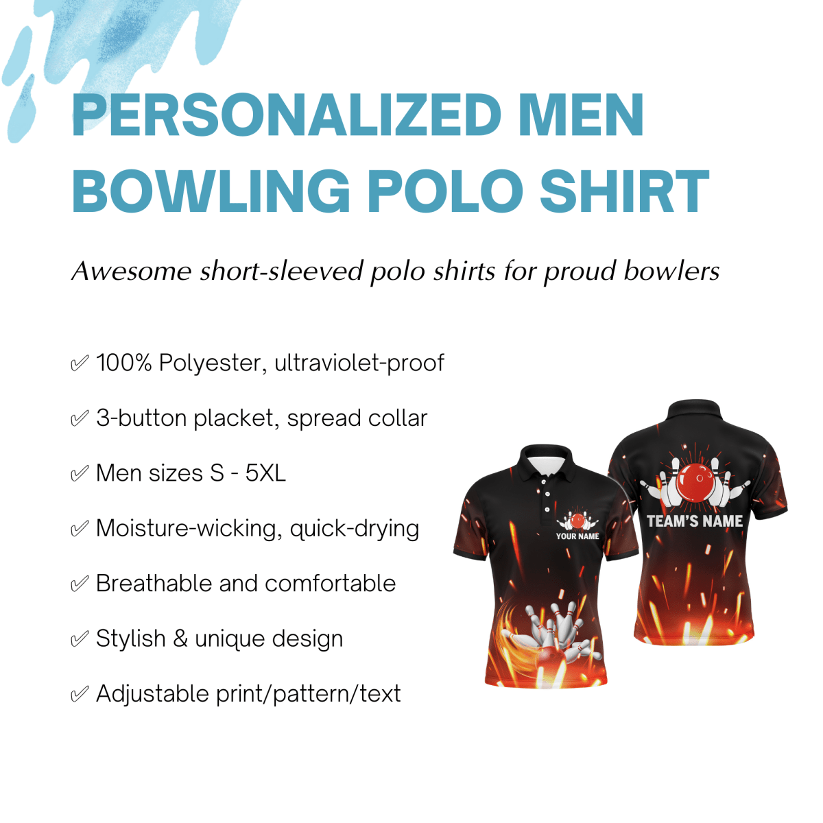 Personalisiertes Herren Polo Bowling Shirt mit Flammen Bowlingkugel und Pins, Kurzarm Polo für Männer Bowler - Outfitsuche