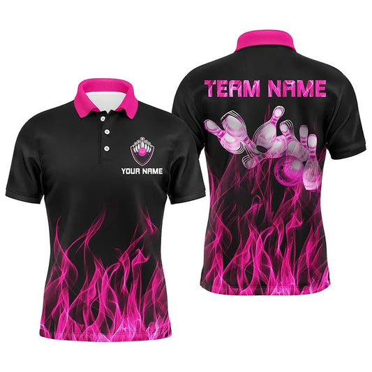 Personalisiertes Herren Polo Bowling Shirt mit pinker Flammen Bowlingkugel & Pins, Tarnmuster Bowling Trikot für Männer Bowler - Outfitsuche