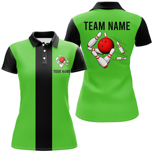 Personalisiertes Retro Bowling Polo Shirt für Frauen in Grün und Schwarz, individuell anpassbare Vintage Bowling Team Trikots - Outfitsuche