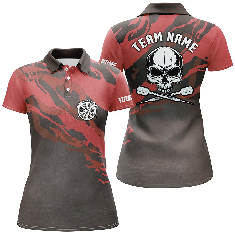 Personalisiertes rotes Damen Polo Shirt mit Totenkopf-Darts, individuell anpassbares Darts Shirt für Frauen, Dart Trikots - Outfitsuche