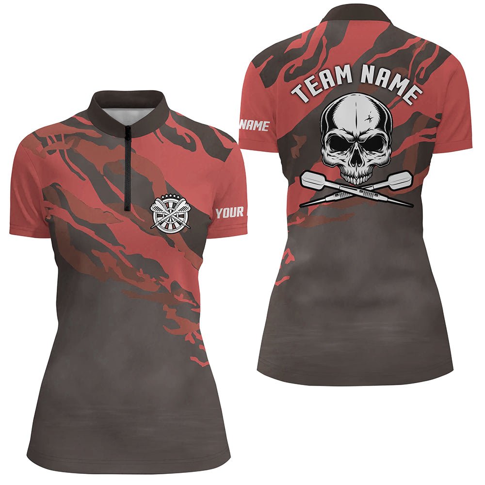 Personalisiertes rotes Dart-Shirt mit Totenkopf-Motiv, individuell anpassbares 1/4 Zip Dart-Trikot für Frauen - Outfitsuche