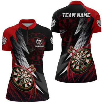 Personalisiertes rotes schwarzes Darts-Quarter-Zip-Shirt, individuell anpassbares cooles Damen-Darts-Shirt, Teamtrikot M933 - Outfitsuche