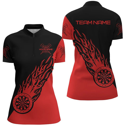 Personalisiertes rotes schwarzes Flammen-Darts-1/4-Zip-Shirt für Damen, individuell anpassbares Darts-Shirt Dart-Trikot Z749 - Outfitsuche