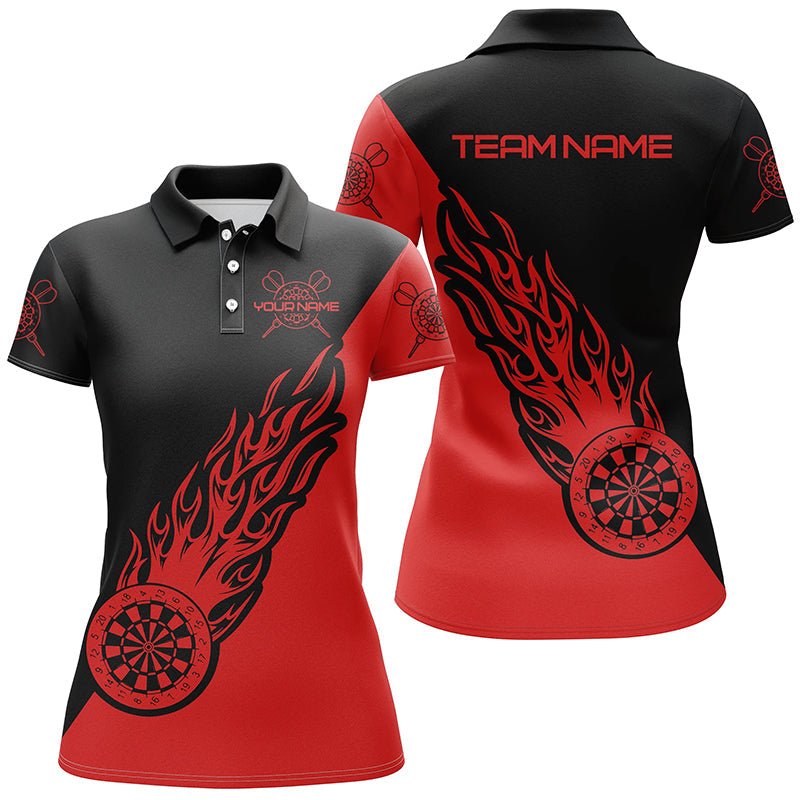 Personalisiertes rotes schwarzes Flammen-Darts-Polo-Shirt, individuell anpassbares Darts-Shirt für Frauen, Dart-Trikot C249 - Outfitsuche