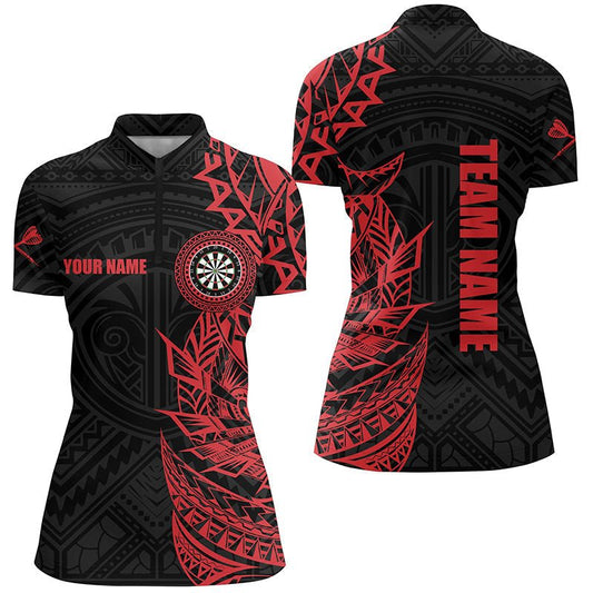 Personalisiertes rotes Tribal-Darts-Quarter-Zip-Shirt, individuell anpassbares Darts-Shirt für Frauen, Dart-Trikots A502 - Outfitsuche