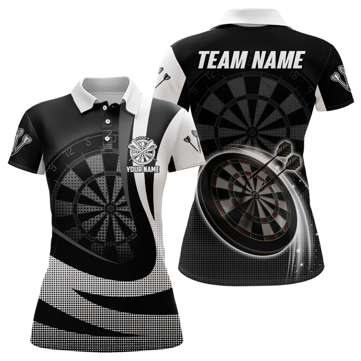 Personalisiertes Schwarz Weiß 3D Damen Darts Polo Shirt, individuell anpassbares cooles Darts Team Trikot für Frauen - Outfitsuche