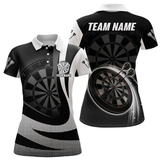 Personalisiertes Schwarz-Weißes 3D Damen Darts Polo Shirt, individuell anpassbares cooles Darts Team Trikot für Frauen S967 - Outfitsuche