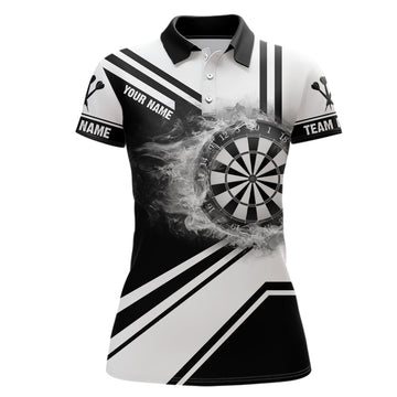 Personalisiertes Schwarz-Weißes Feuerflammen-Dartboard Polo-Shirt, individuell anpassbares Darts-Trikot für Frauen E766 - Outfitsuche