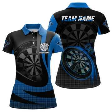 Personalisiertes schwarzes blaues 3D Damen Darts Polo Shirt, individuell anpassbares cooles Darts Team Trikot für Frauen - Outfitsuche