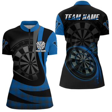 Personalisiertes schwarzes blaues 3D-Darts-Quarter-Zip-Shirt, individuell anpassbares cooles Darts-Team-Trikot für Frauen - Outfitsuche