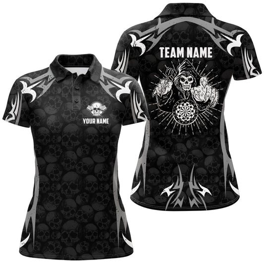 Personalisiertes schwarzes graues Darts Skull Reaper Polo Shirt, individuell anpassbares gruseliges Darts-Trikot für Frauen U75 - Outfitsuche