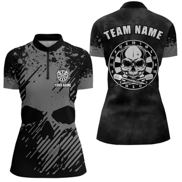 Personalisiertes schwarzes graues Grunge-Darts-Quarter-Zip-Shirt mit Totenkopf-Darts-Trikot für Frauen R284 - Outfitsuche