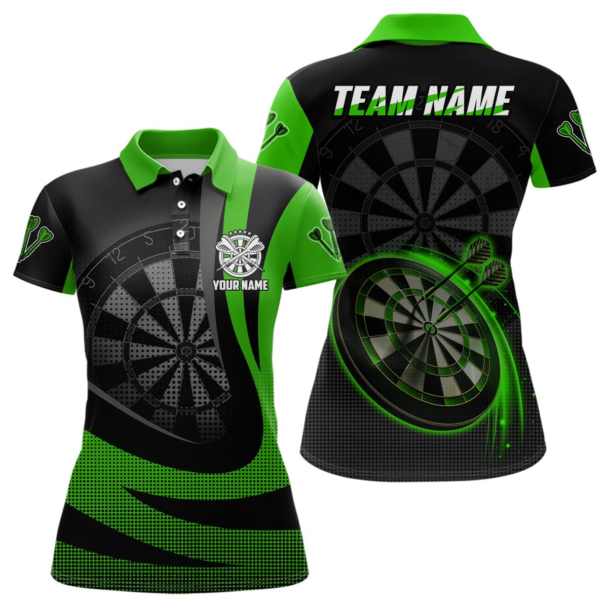 Personalisiertes schwarzes grünes 3D Damen Darts Polo Shirt, individuell anpassbares cooles Darts Team Trikot für Frauen - Outfitsuche