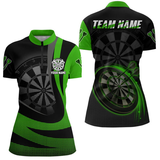 Personalisiertes schwarzes grünes 3D-Darts-Quarter-Zip-Shirt, individuell anpassbares cooles Dart-Team-Trikot für Frauen - Outfitsuche