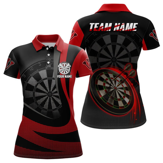 Personalisiertes schwarzes rotes 3D Damen Darts Polo Shirt, individuell anpassbares cooles Darts Team Trikot für Frauen R335 - Outfitsuche