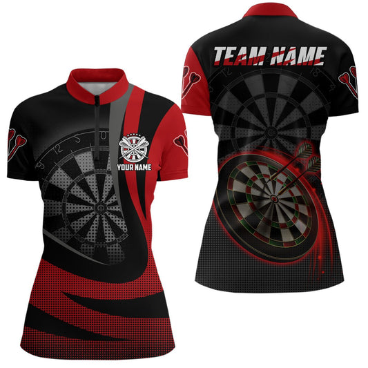 Personalisiertes schwarzes rotes 3D-Darts-Quarter-Zip-Shirt, individuell anpassbares cooles Darts-Team-Trikot für Frauen G161 - Outfitsuche