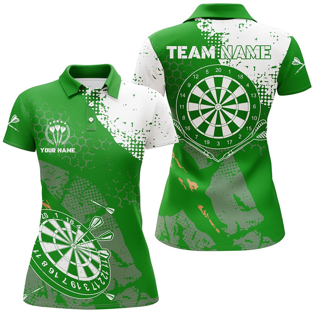 Retro grünes weißes Muster, individuell anpassbares Damen-Darts-Polo-Shirt, Dart-Team-Trikots für Frauen LDT0899 Y863 - Outfitsuche