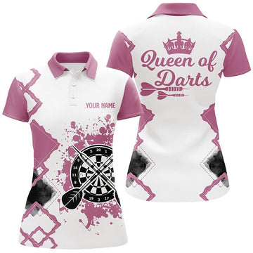 Rosa-weißes Darts Polo Shirt für Damen, individuell anpassbares niedliches Darts Trikot "Queen of Darts" W167 - Outfitsuche