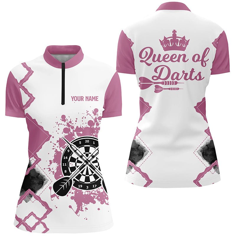 Rosa-weißes Darts-Quarter-Zip-Shirt für Damen, individuell anpassbares niedliches Darts-Trikot M673 - Outfitsuche