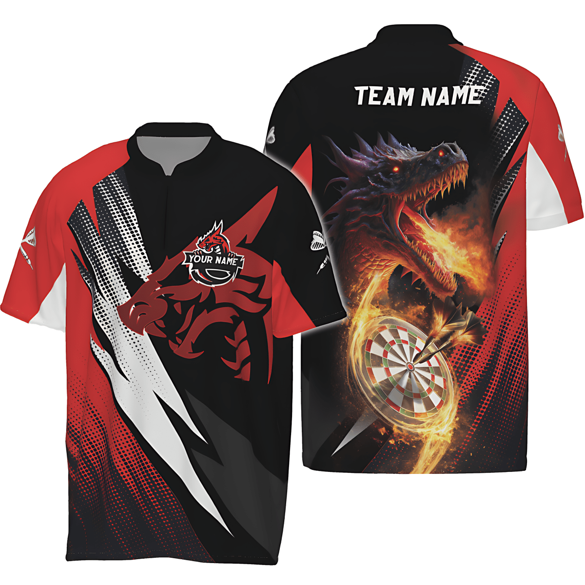 Rot-schwarzes Dart-1/4 zip-Shirt "Feuriger Drachenwurf", individuell gestaltbares Team-Trikot mit dynamischem Drachenmotiv, Herren Dartshirt VK628 - Outfitsuche