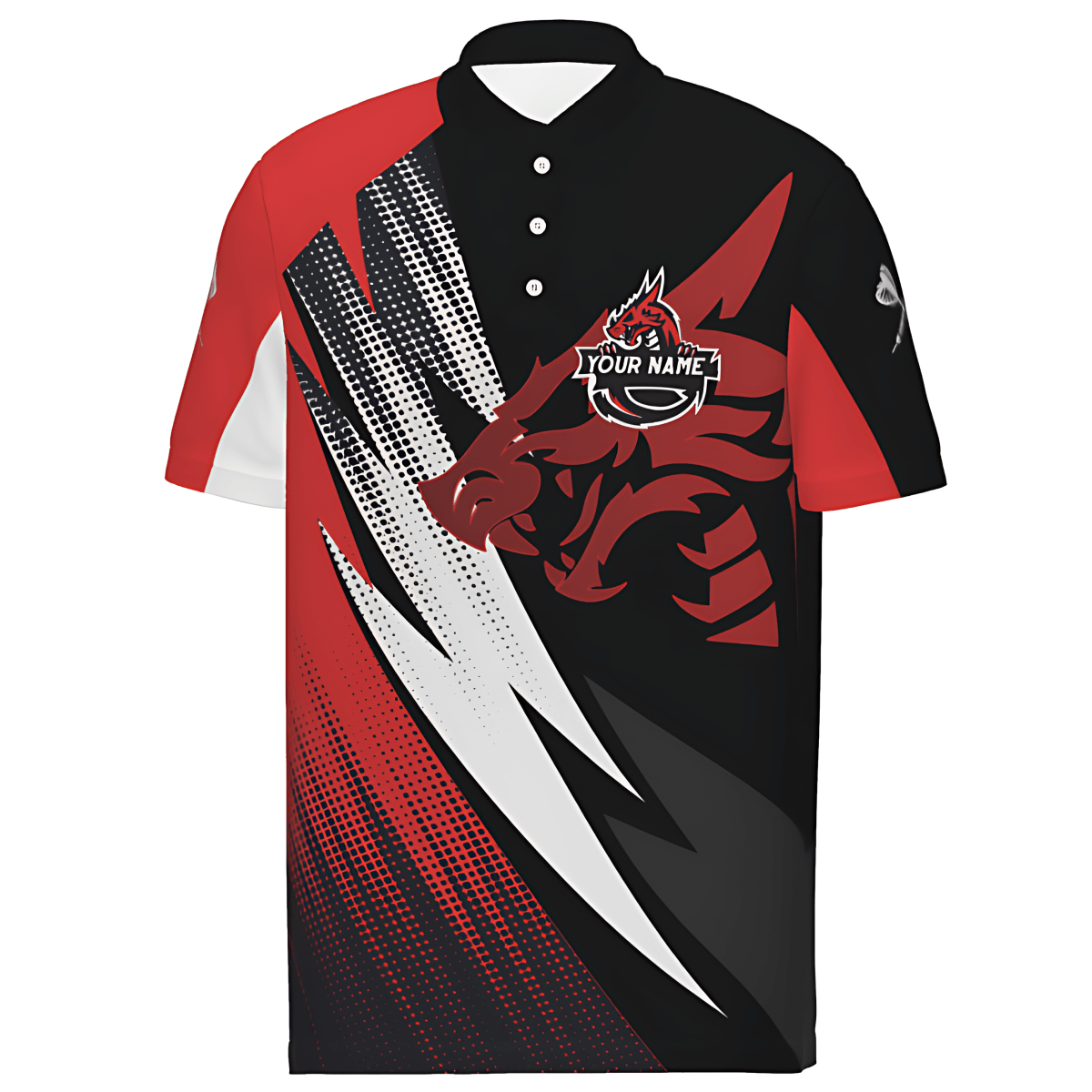 Rot-schwarzes Dart-Polo-Shirt "Feuriger Drachenwurf", individuell gestaltbares Team-Trikot mit dynamischem Drachenmotiv, Herren Dartshirt VK628 - Outfitsuche