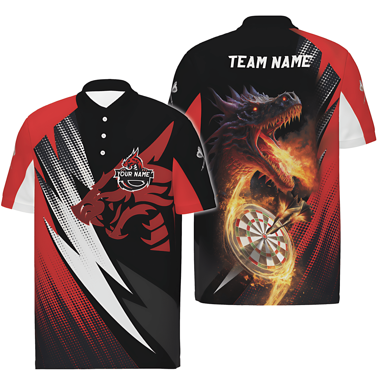 Rot-schwarzes Dart-Polo-Shirt "Feuriger Drachenwurf", individuell gestaltbares Team-Trikot mit dynamischem Drachenmotiv, Herren Dartshirt VK628 - Outfitsuche