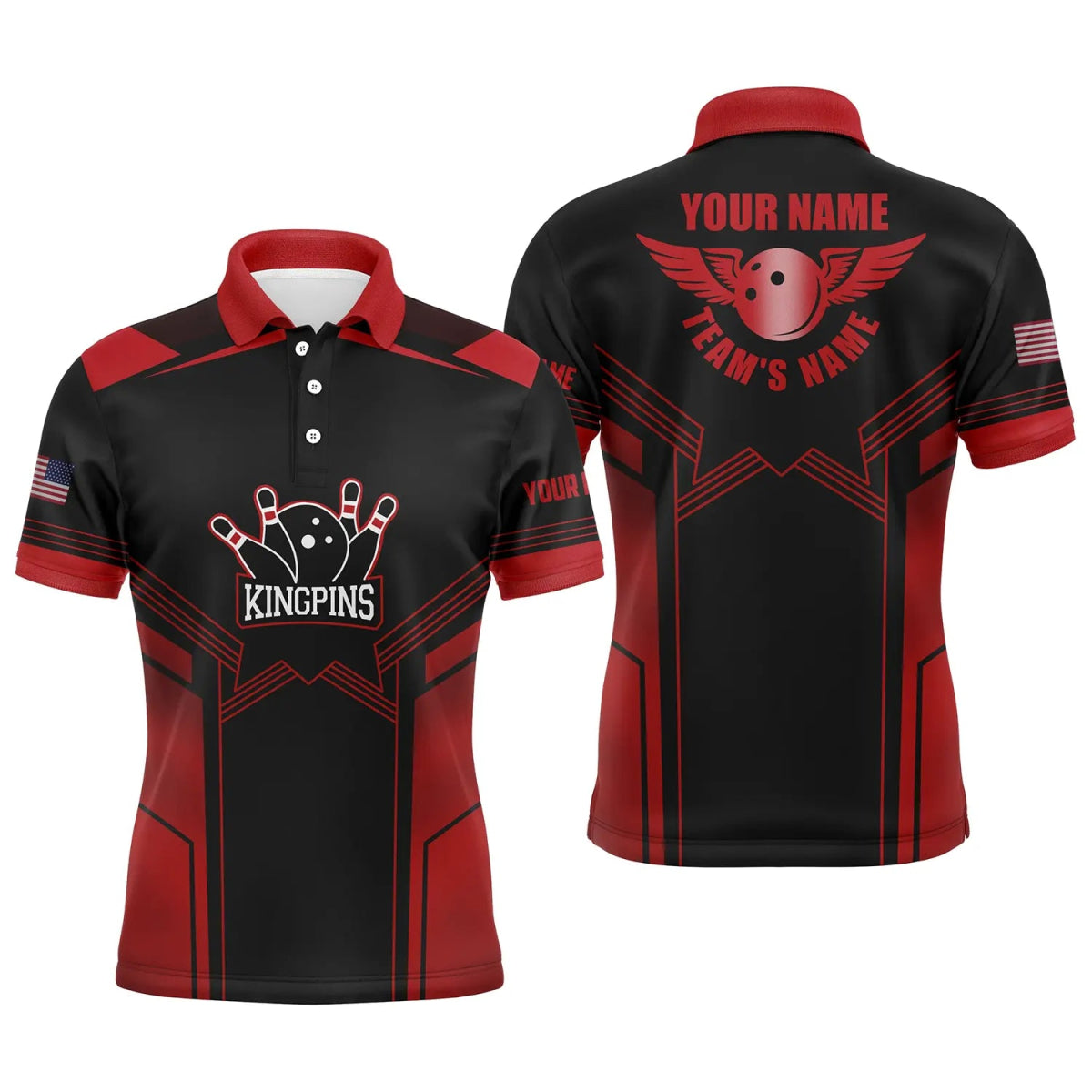 Rote und schwarze Bowling-Polo-Shirts für Herren mit individuellem Namen und Teamnamen, Bowling-Polo-Team-Shirts - Outfitsuche