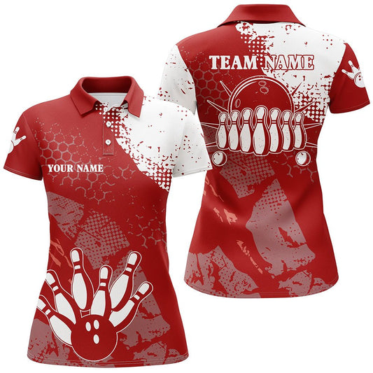 Rote und weiße Damen Bowling Polo Shirts, individuell anpassbare Retro Bowlingkugel Pins Bowling Team Liga Trikots - Outfitsuche