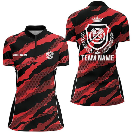 Rotes Camouflage-Darts-Quarter-Zip-Shirt, individuell anpassbares Tarnmuster-Darts-Shirt für Frauen, Darts-Team-Trikot - Outfitsuche