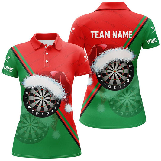 Rotes grünes Weihnachts-Dart-Polo-Shirt für Frauen mit Santa Darts Board, individuell anpassbares Dart-Trikot für Frauen Y598 - Outfitsuche