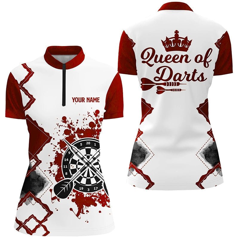 Rotes und weißes Darts-Quarter-Zip-Shirt für Damen, individuell anpassbares cooles Darts-Trikot "Queen of Darts" J578 - Outfitsuche