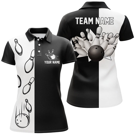 Schwarz-weiße Retro-Vintage-Bowling-Polo-Shirts für Frauen, individuell anpassbare Bowling-Team-Trikots - Outfitsuche