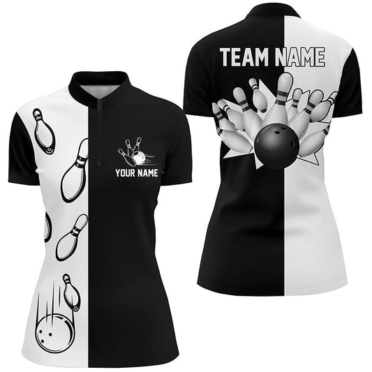 Schwarz-weißes Retro-Vintage-Bowling-Quarter-Zip-Shirt für Frauen, individuell anpassbare Bowling-Team-Trikots - Outfitsuche