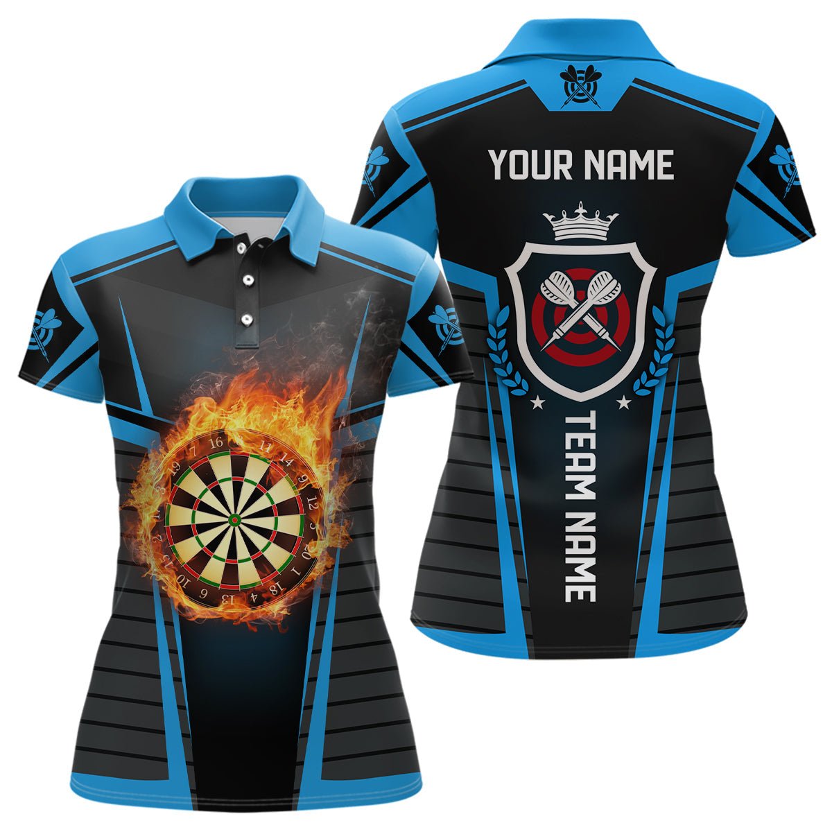 Schwarzes blaues Damen-Dartshirt mit Flammenmotiv, individuell anpassbares cooles Dartshirt für Frauen, Darttrikot L612 - Outfitsuche