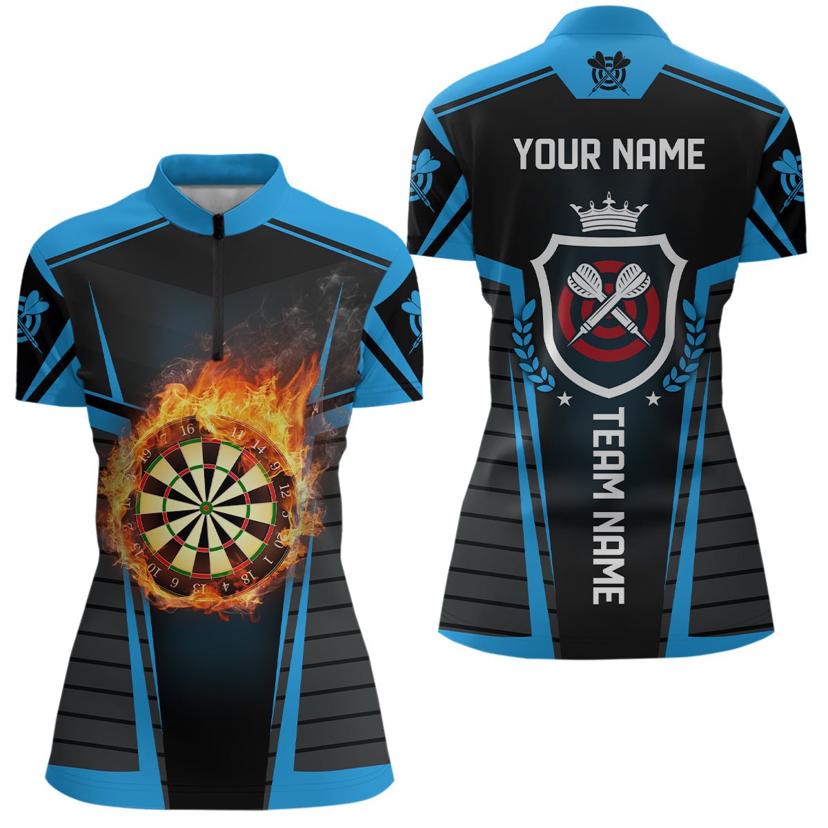 Schwarzes Damen Darts-Shirt mit Flammenmotiv, individuell anpassbares 1/4 Zip Darts-Trikot E99 - Outfitsuche