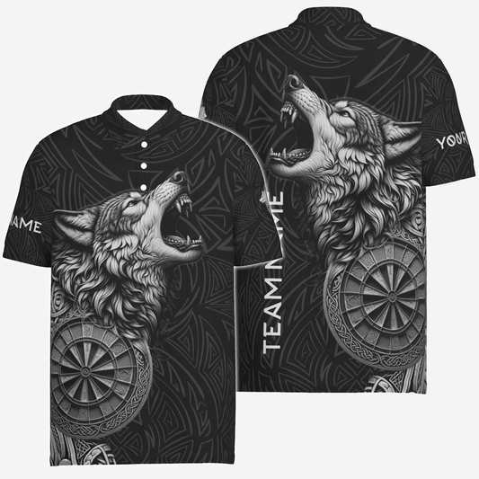 Schwarzes Dart-Polo-Shirt "Heulender Wächter", personalisierbares Trikot mit Wolfs- und Dartboard-Motiv, Herren Dartshirt vk5782 - Outfitsuche