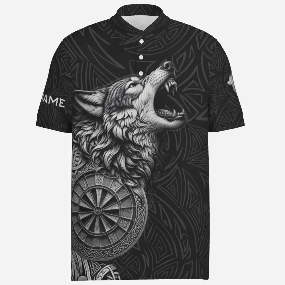 Schwarzes Dart-Polo-Shirt "Heulender Wächter", personalisierbares Trikot mit Wolfs- und Dartboard-Motiv, Herren Dartshirt vk5782 - Outfitsuche