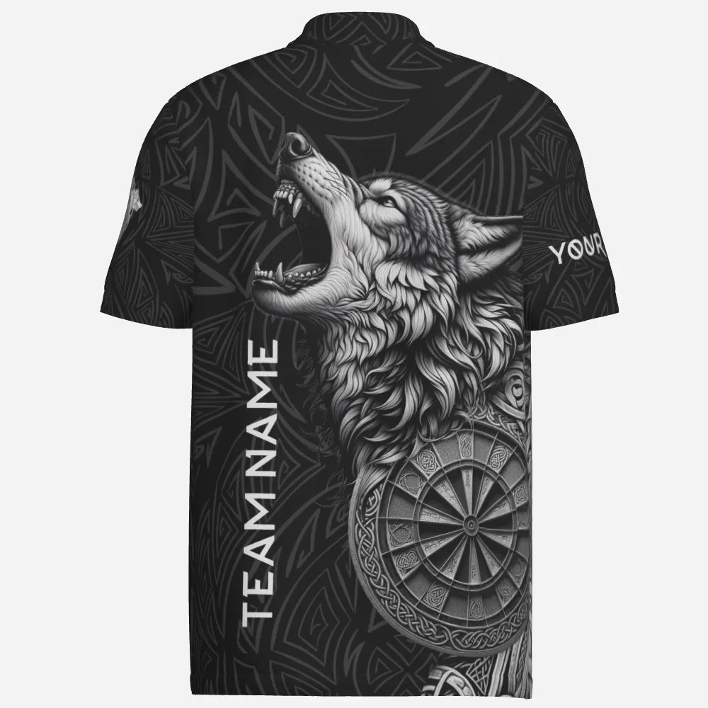 Schwarzes Dart-Polo-Shirt "Heulender Wächter", personalisierbares Trikot mit Wolfs- und Dartboard-Motiv, Herren Dartshirt vk5782 - Outfitsuche