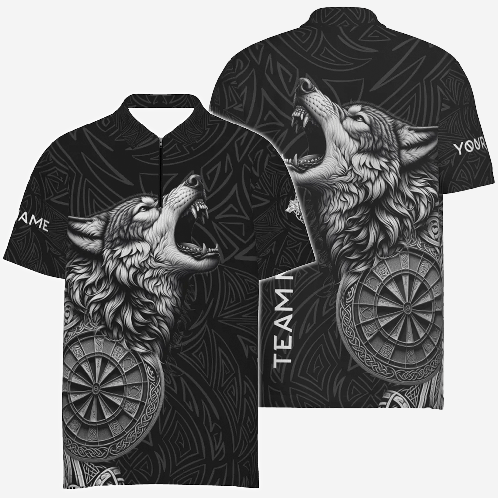 Schwarzes Dart-Polo-Shirt "Heulender Wächter", personalisierbares Trikot mit Wolfs- und Dartboard-Motiv, Herren Dartshirt vk5782 - Outfitsuche