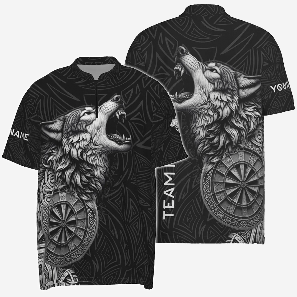 Schwarzes Dart-Polo-Shirt "Heulender Wächter", personalisierbares Trikot mit Wolfs- und Dartboard-Motiv, Herren Dartshirt vk5782 - Outfitsuche