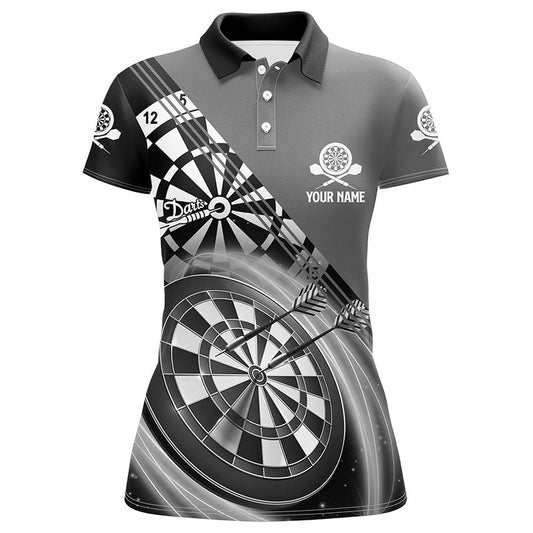 Schwarzes Graues Damen Darts Polo Shirt mit Namen, individuell angefertigte Darts Shirts für Frauen, Dart Trikots H713 - Outfitsuche