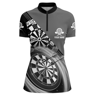 Schwarzes graues Darts-Quarter-Zip-Shirt mit Namen, individuell angepasstes Darts-Shirt für Frauen, Dart-Trikots R447 - Outfitsuche